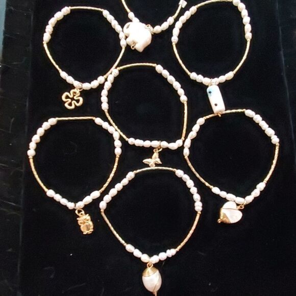 Set of 7 Gold & White Colored Bracelets with Charm - Picture 1 of 4